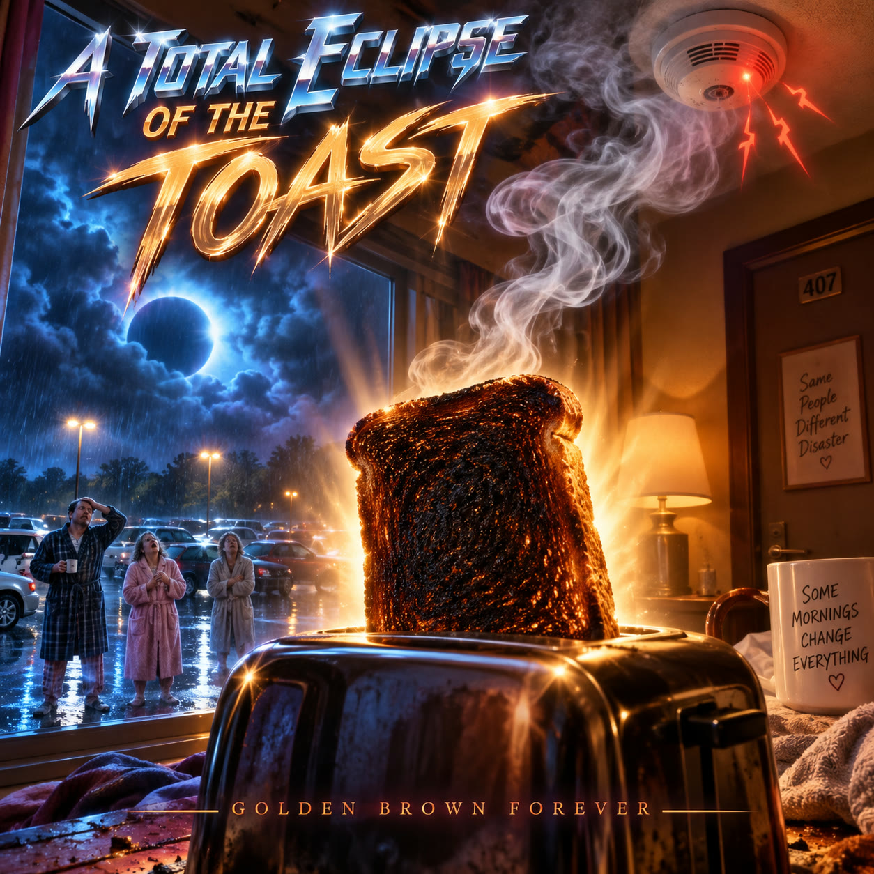 Album sleeve: a slice of toast rising from a toaster in front of a total eclipse, a hotel car park full of people in dressing gowns behind it